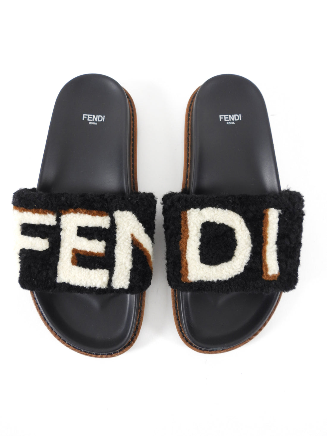 Fendi Black and Brown Shearling Flat Slide Sandals