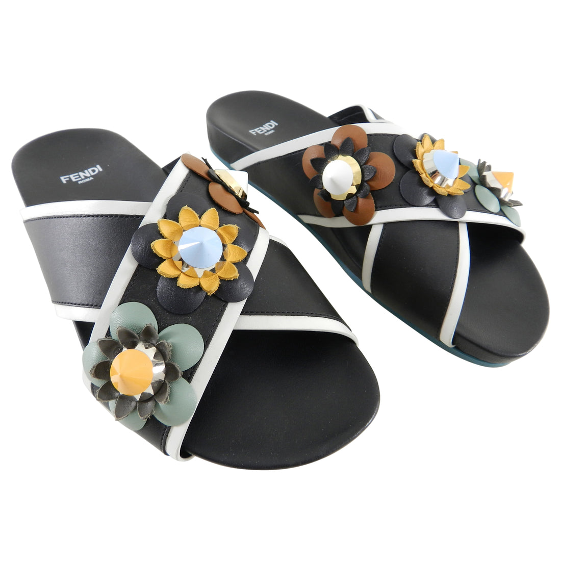 Fendi Flowerland Black Multi Slip On Flower Stud Sandals - USA 6.5