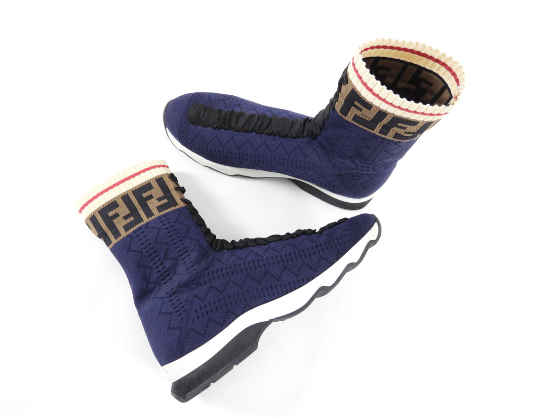 Fendi Navy Monogram Knit Sock Sneakers - USA 8