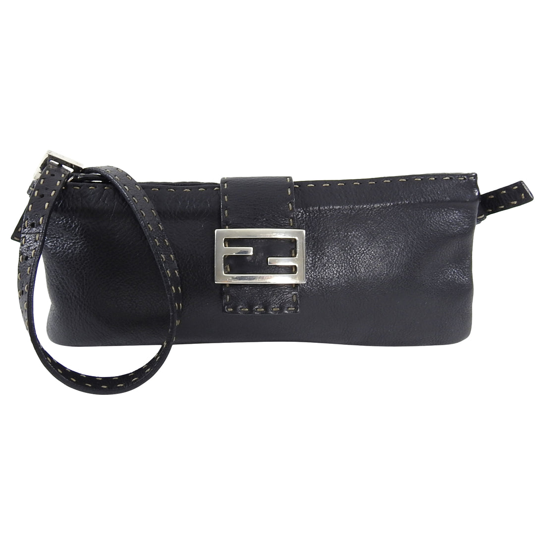 Fendi Selleria Vintage Black FF Sterling Silver Clasp Shoulder Bag 