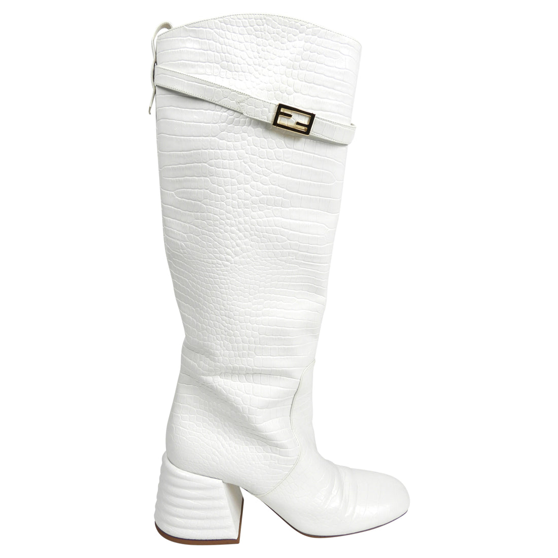 Fendi White Croc-Embossed Knee-High Block Heel Boots EU40