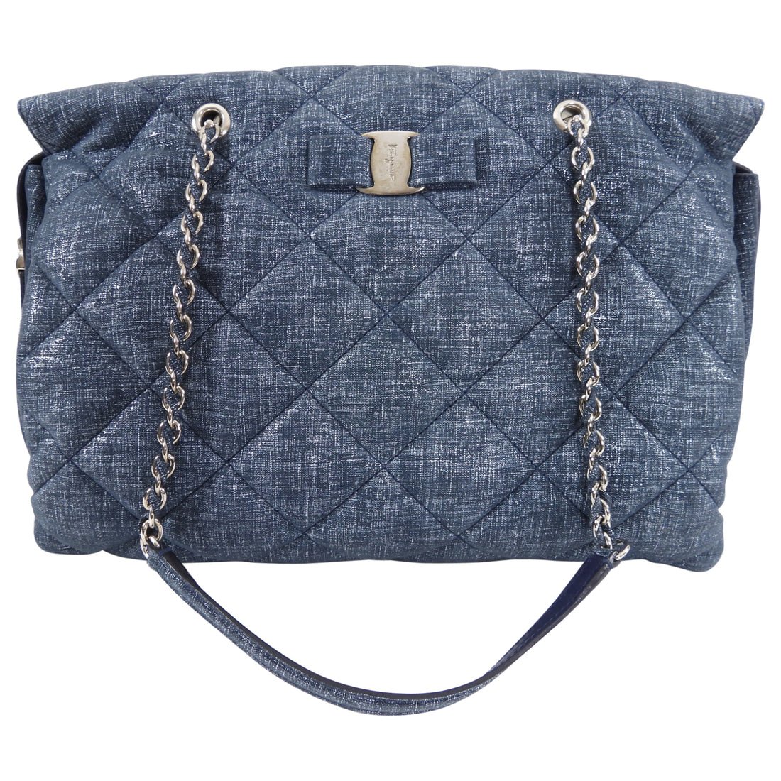 Ferragamo Blue Quilted Large Ginette Shoulder Bag