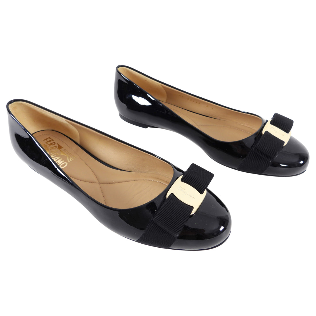 Ferragamo Vera Black Patent Flat Shoes - 8C