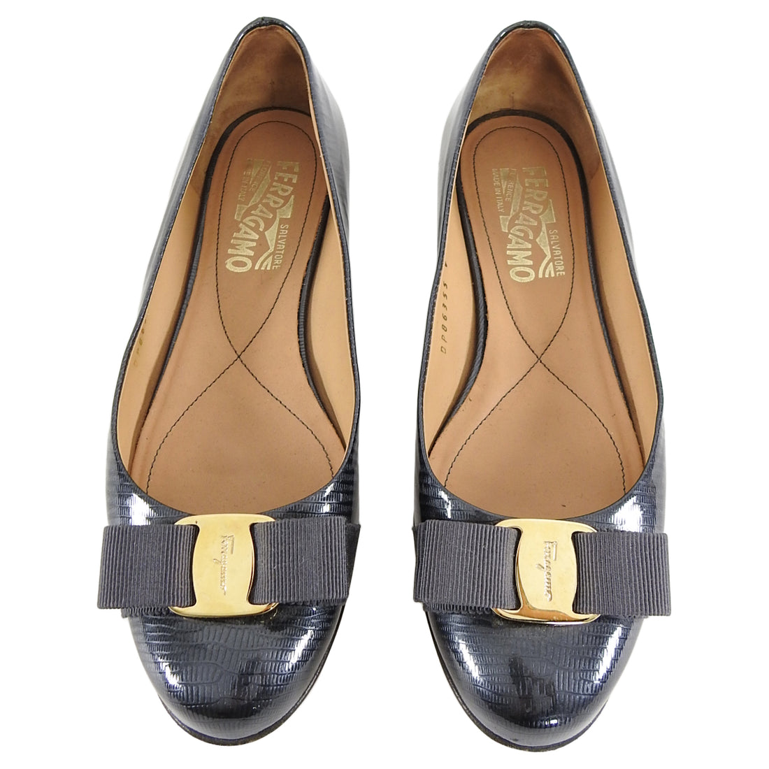 Ferragamo Charcoal Grey Patent Bow Flat Shoes - 6.5
