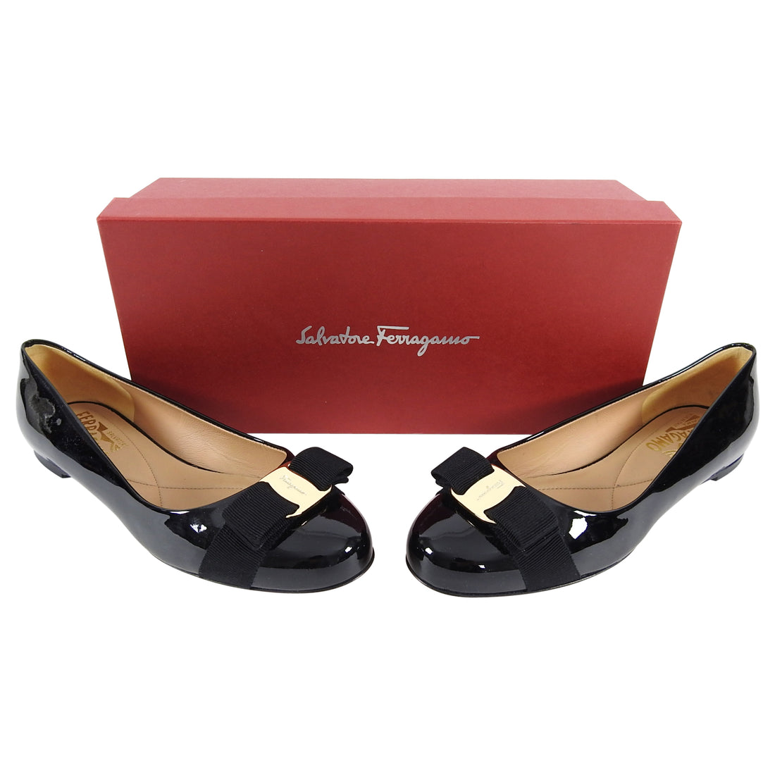 Ferragamo Varina Black Patent Leather Bow Ballet Flat - 7.5 C