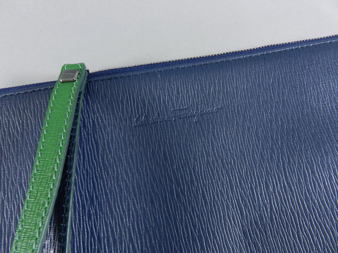 Ferragamo Blue and Green Leather Zip Pouch / Bag