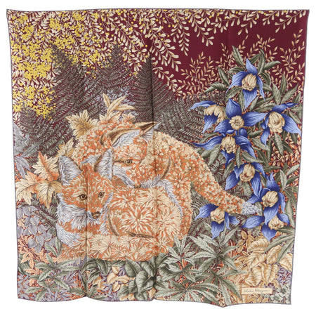 Ferragamo 1980's Vintage Silk Fox Design Scarf in Burgundy