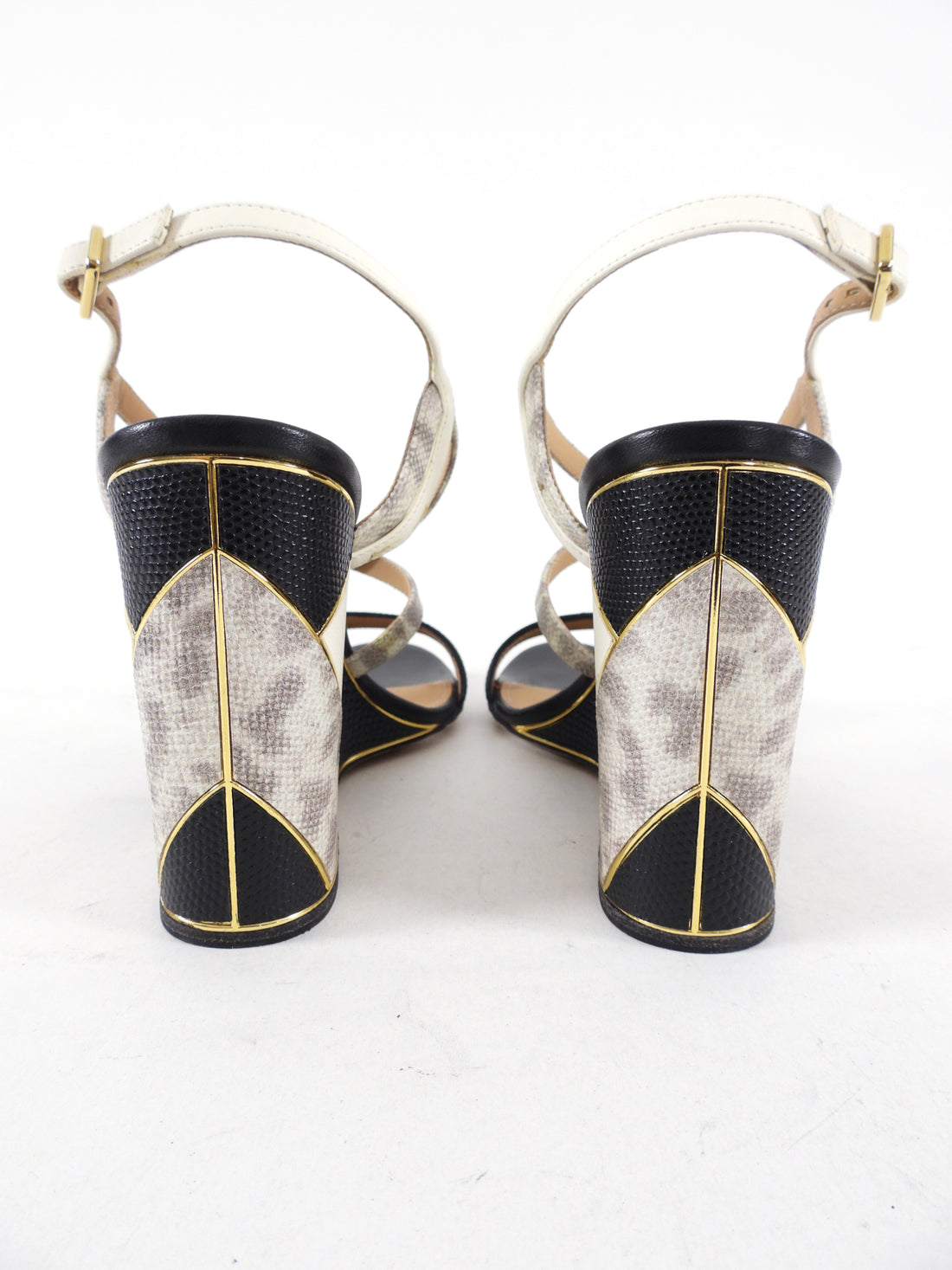 Ferragamo Black and White Geometric Wedge Sandals - USA 6