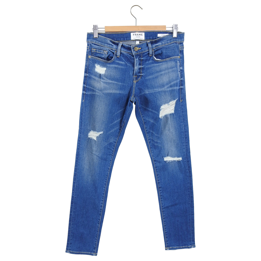 Frame Denim Le Garcon Skinny Low Rise Distressed in Blue Jay Way - 26