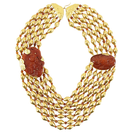 Fred Leighton 22k Gold Asian Carved Amber Multi-Strand Bead Necklace