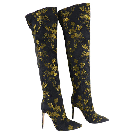 Gianvito Rossi Yellow Floral Over the Knee Brocade Boots - 40