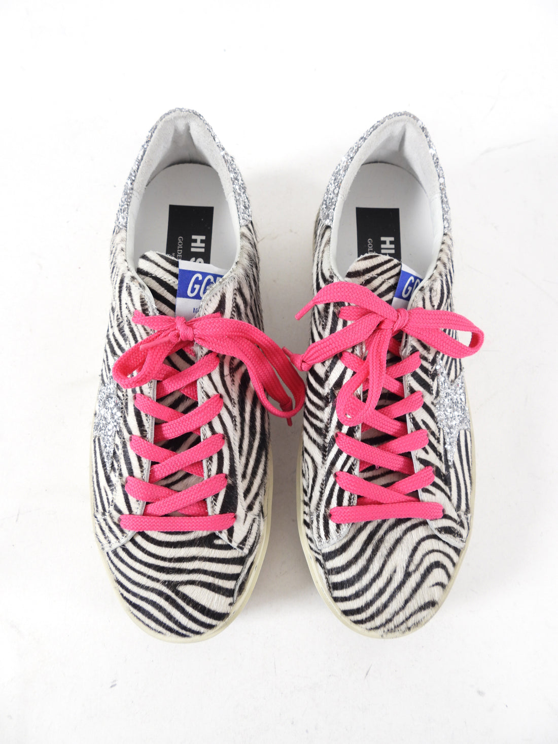 Golden Goose Zebra Calf Hair Sneakers with Pink Laces - 40