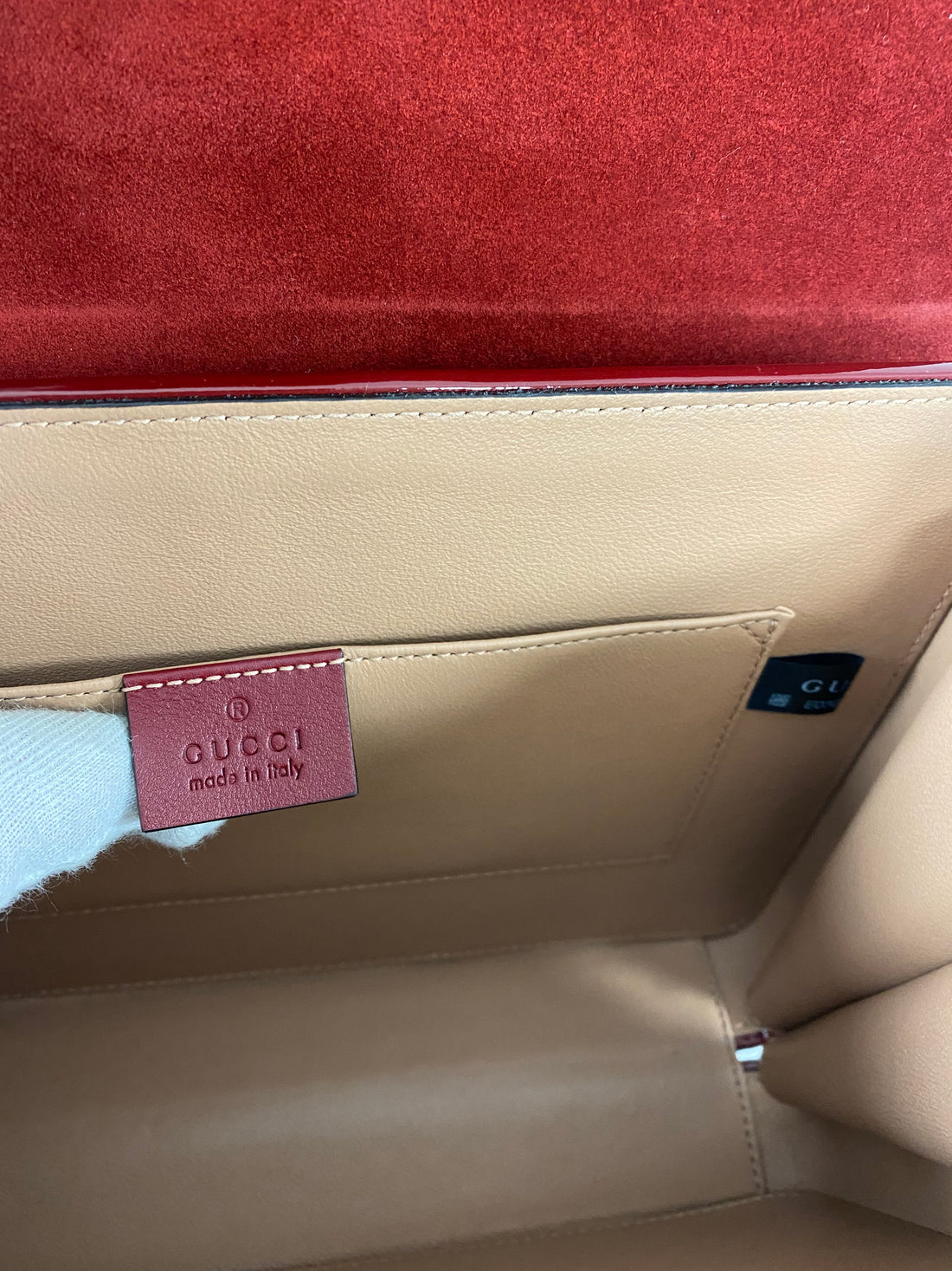 Gucci 1969 Sylvie Small Red Patent Top Handle Two-Way Bag