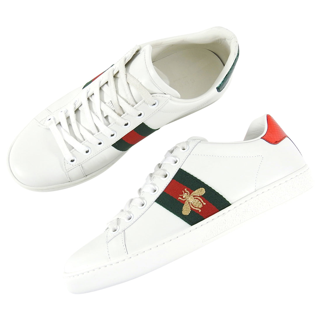 Gucci Ace White Sneaker with Red Green Bee Web Stripe - USA 8