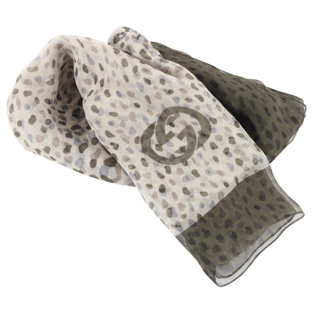 Gucci Olive Green Sheer Silk Chiffon Animal Pattern Scarf