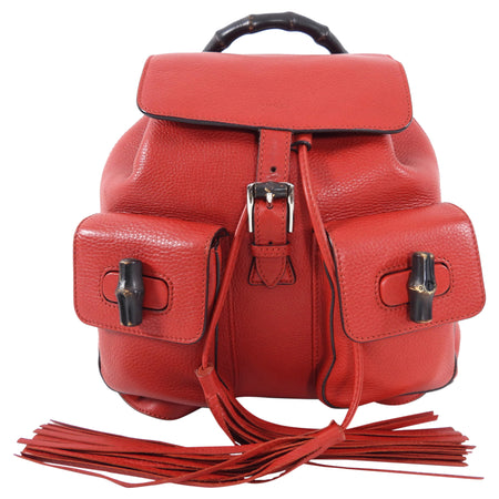 Gucci Red Leather Bamboo Handle Tassel Small Backpack