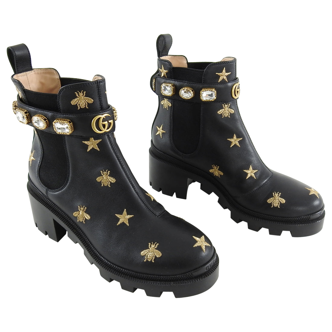 Gucci 2019 Embroidered Gold Bee Stars Chunky Ankle Boots - – I MISS YOU