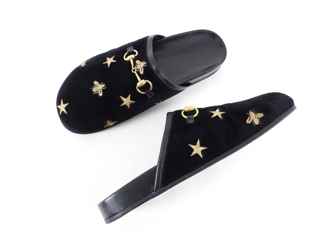 Gucci Black Velvet Gold Embroidered Bee Mules - USA 7.5