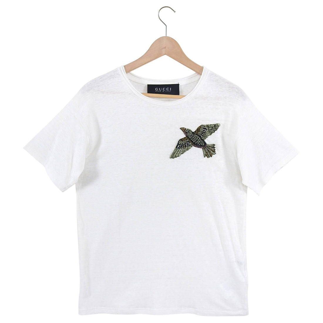 Gucci White Linen Jewel Embellished Bird T Shirt - S