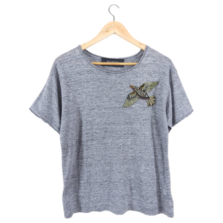 Gucci Grey T-Shirt with Jewel Embroidered Bird - USA 6