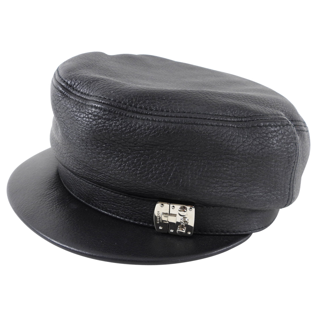 Gucci Black Leather Newsboy Hat with Silver Detail