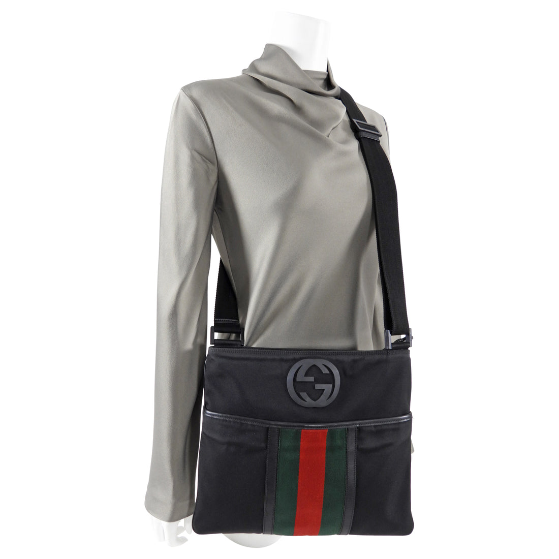 Gucci Black Nylon Web Stripe Messenger Crossbody Bag