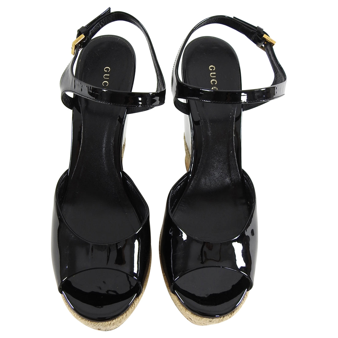 Gucci Black Patent Leather Cork Wedge Espadrille Shoes