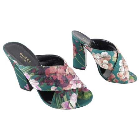 Gucci Blooms Green Satin Floral Block Heel Sandals - 40