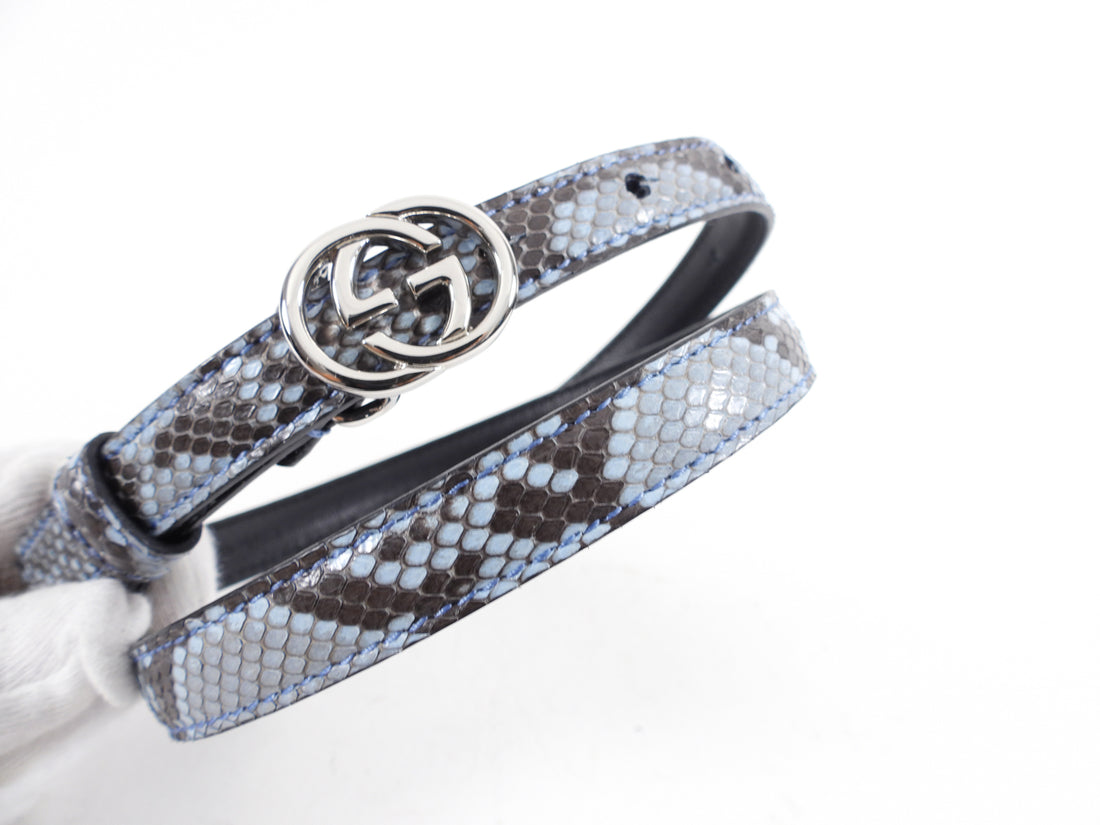 Gucci Blue Python Thin GG Logo Belt - 27-31”