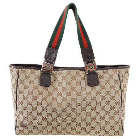 Gucci Brown Monogram Canvas Web Strap Handle Small Tote