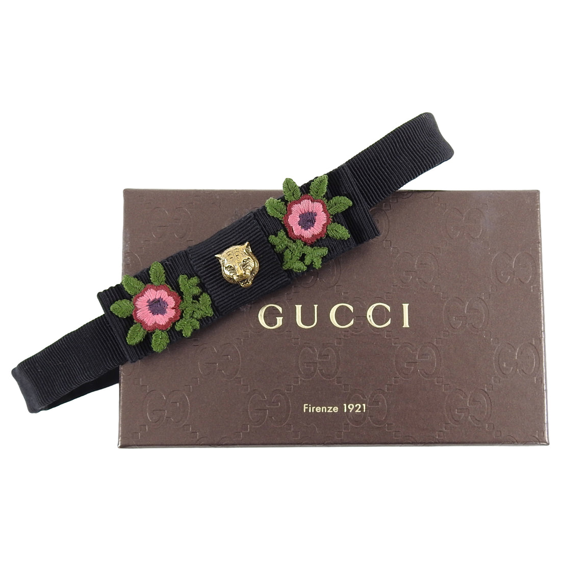 Gucci Tiger and Flower Embroidered Black Thin Bow Neck Tie