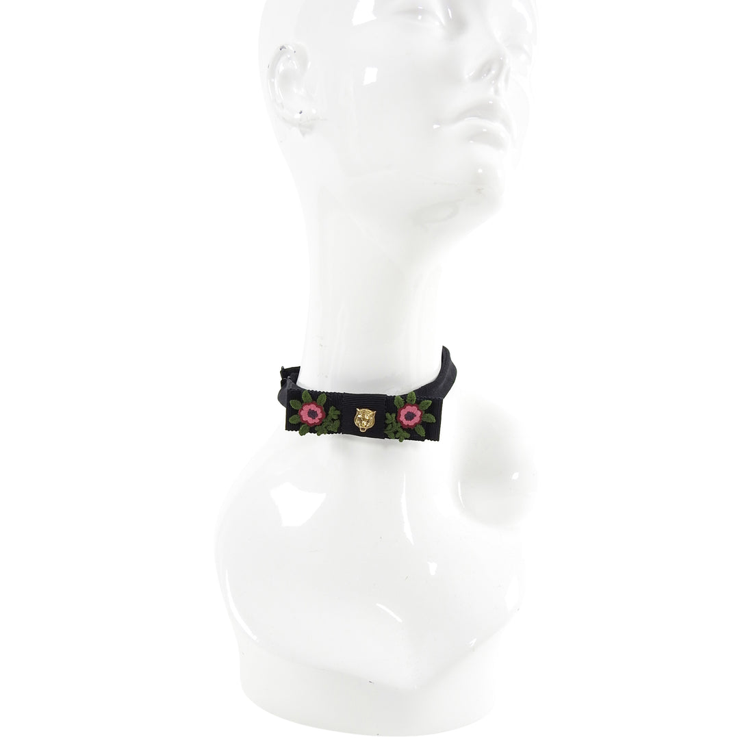 Gucci Tiger and Flower Embroidered Black Thin Bow Neck Tie