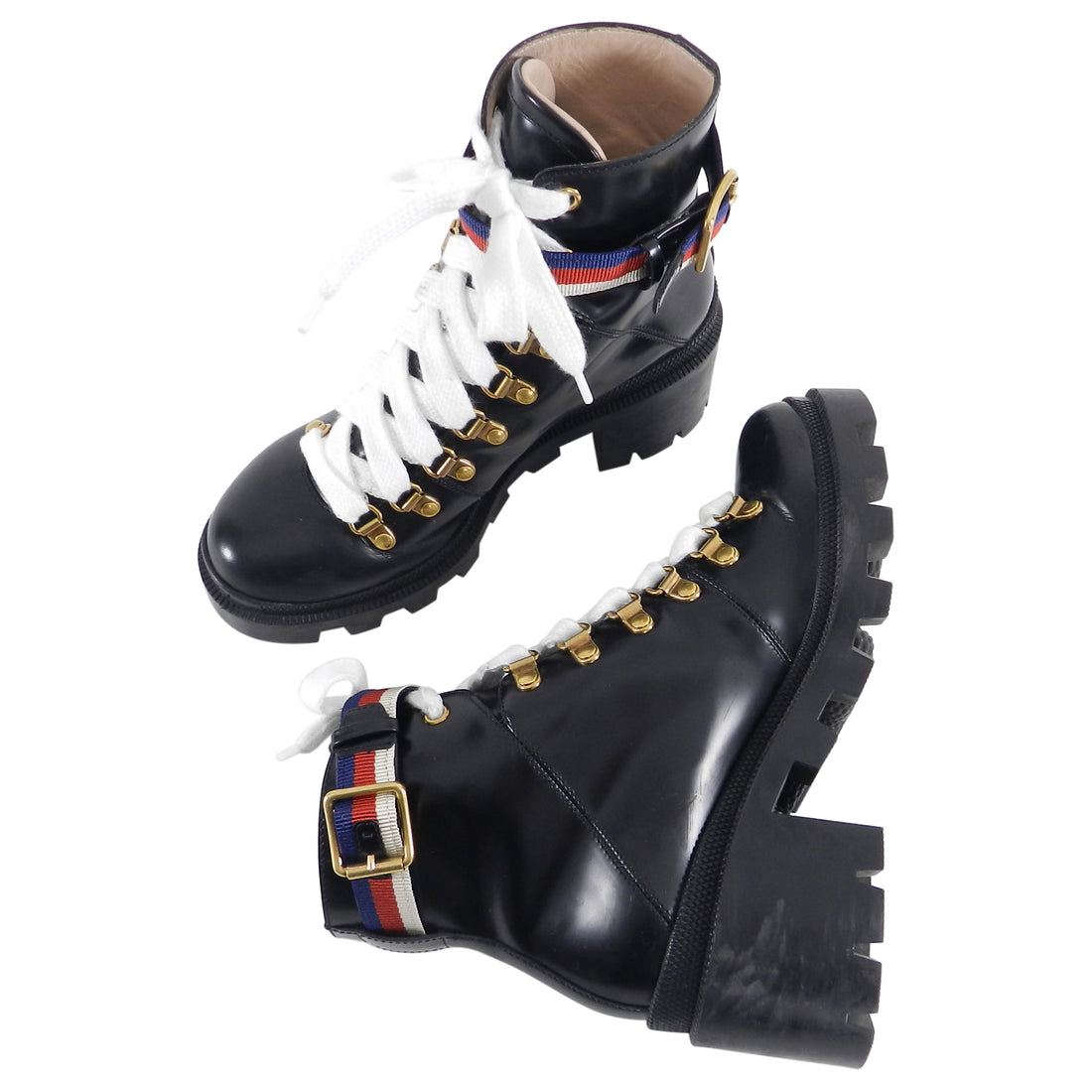 Gucci Sylvie Black Combat Boots with Web Stripe - 36.5