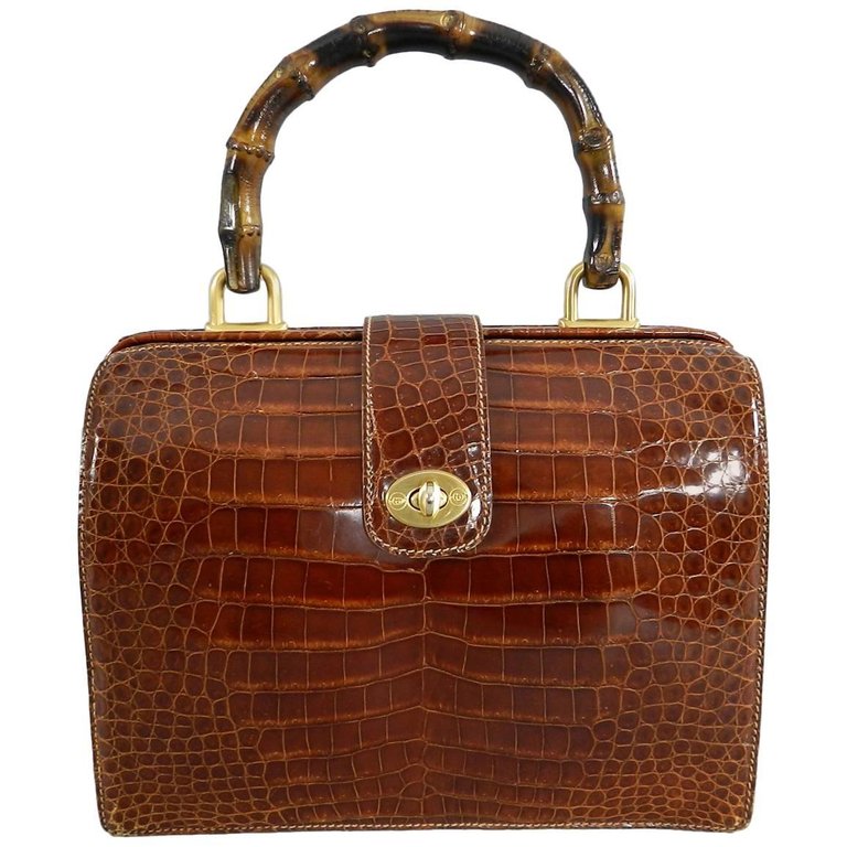 Gucci Vintage Cognac Crocodile Doctor Bag with Bamboo Handle