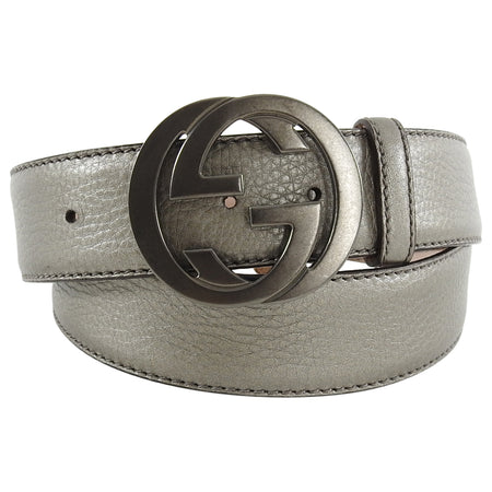 Gucci GG Logo Buckle Pewter Leather Belt - 40 / L