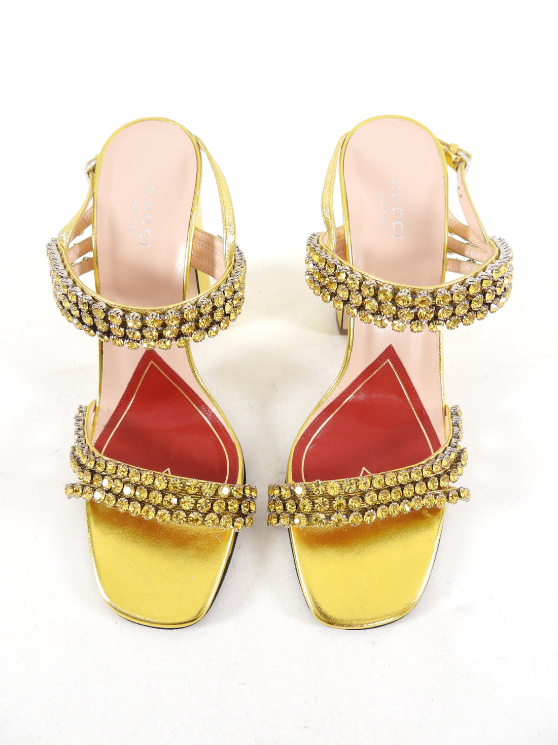 Gucci Gold Metallic Leather Bertie Rhinestone Sandals - USA 9.5