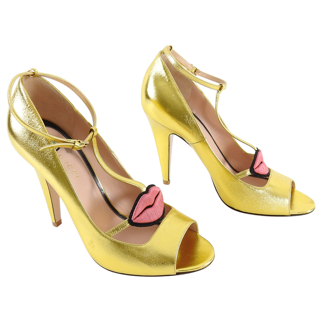 Gucci Molina Gold Lips and Eyes Embroidered Leather Heels - 40