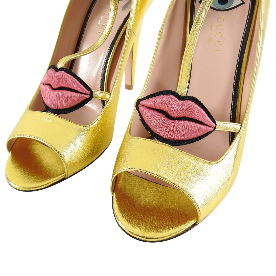 Gucci Molina Gold Lips and Eyes Embroidered Leather Heels - 40
