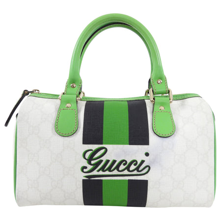 Gucci White Monogram Supreme Small Joy Boston Bag with Green Logo