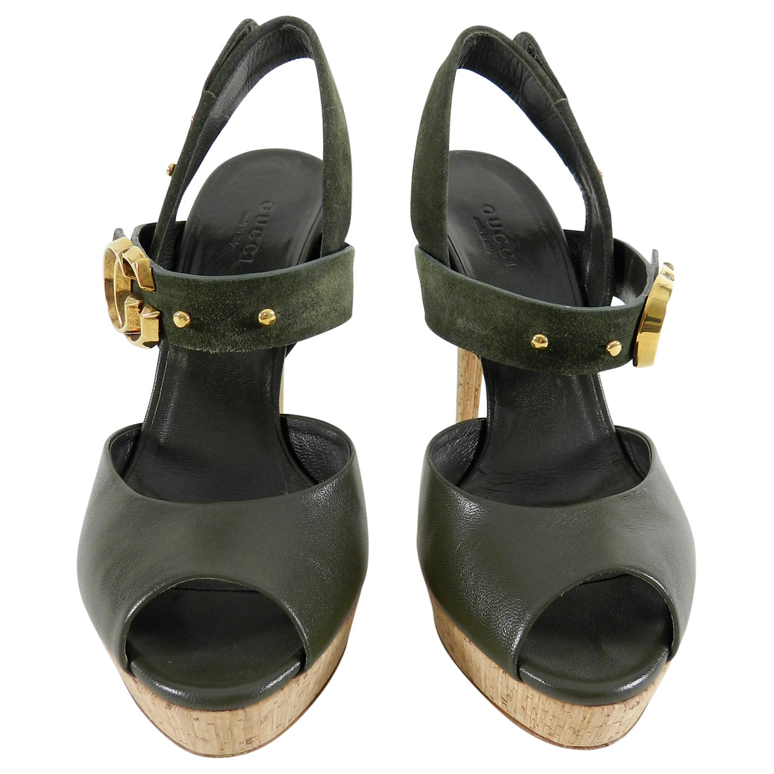 Gucci Dark Green Leather And Suede Cork Platform Shoes