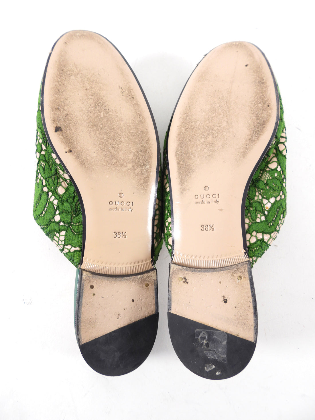 Gucci Princetown Slipper in Green Lace and Gold Horsebit - USA 8
