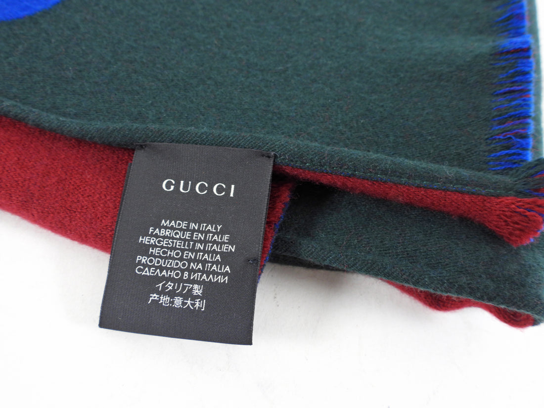 Gucci Green Blue Burgundy Wool Long Logo Scarf