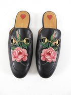 Gucci Black Horsebit Slippers with Rose Embroidery - USA 6
