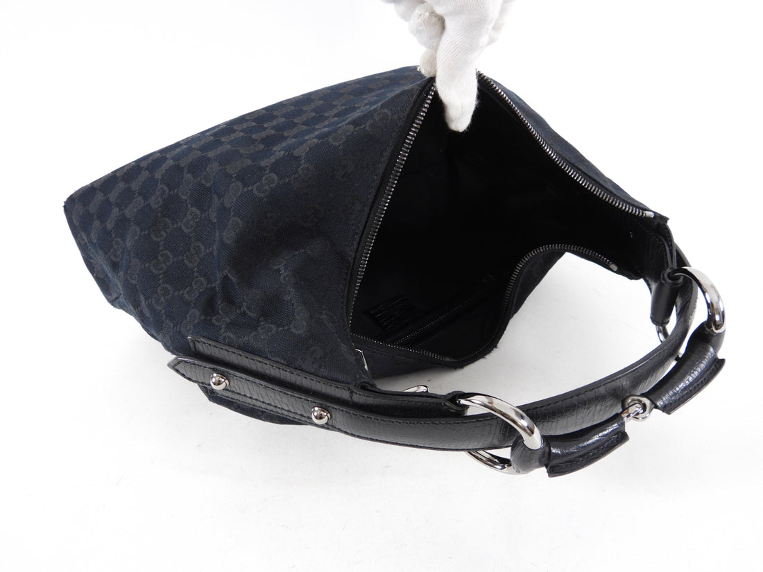 Gucci Black Monogram GG Horsebit Hobo Bag 5G113