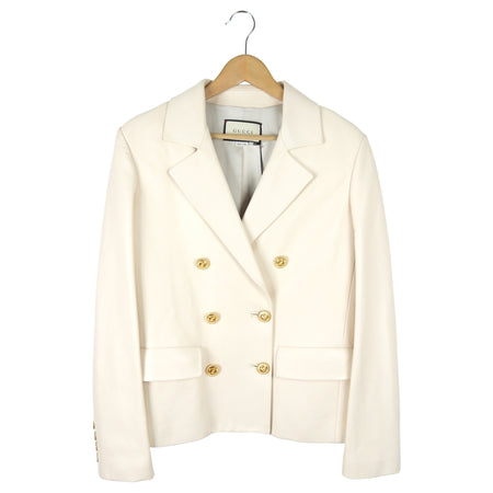 Gucci Ivory Leather Jacket with Double Row Gold Buttons - IT44 / 8
