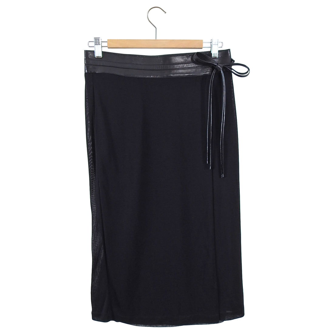 Gucci Black Leather Waist Tie Rayon Wrap Skirt - M