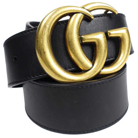 Gucci Marmont 40mm Black Leather Belt with Antiqued Brass Hardware - 90/36