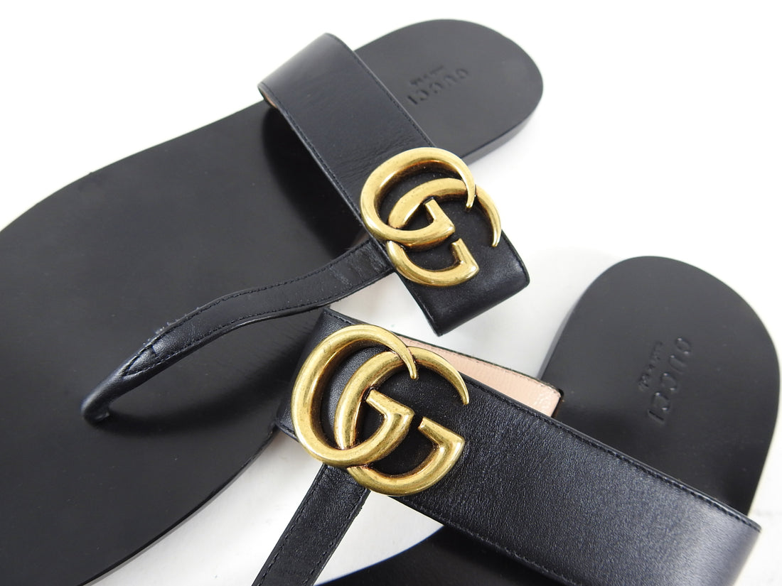 Gucci Marmont GG Logo Black Leather Thong Flat Sandal - 38 / 7.5