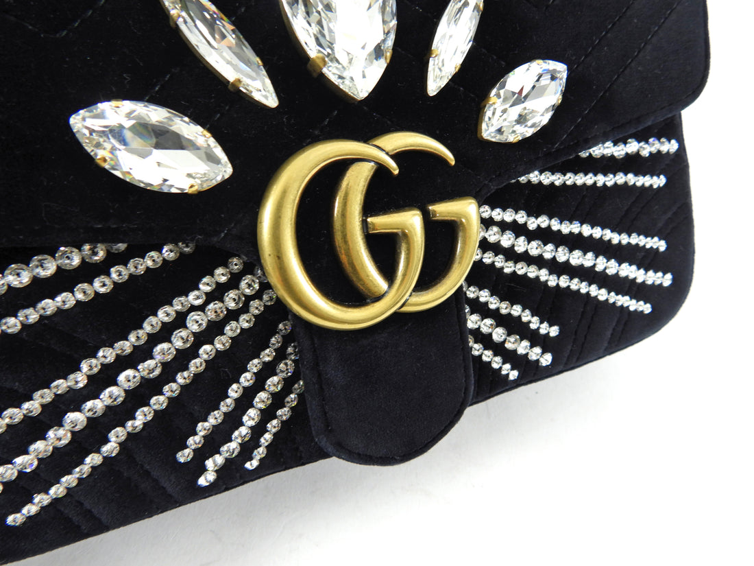 Gucci Black Velvet Marmont Crystal Embellished Small Bag