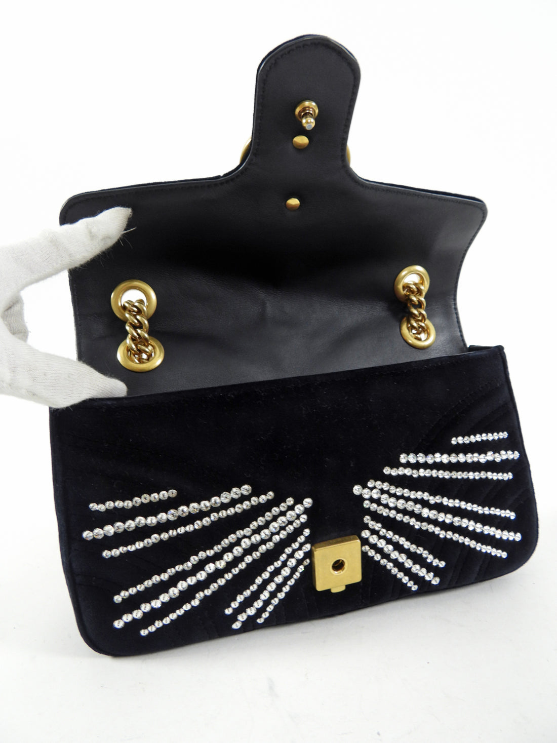 Gucci Black Velvet Marmont Crystal Embellished Small Bag